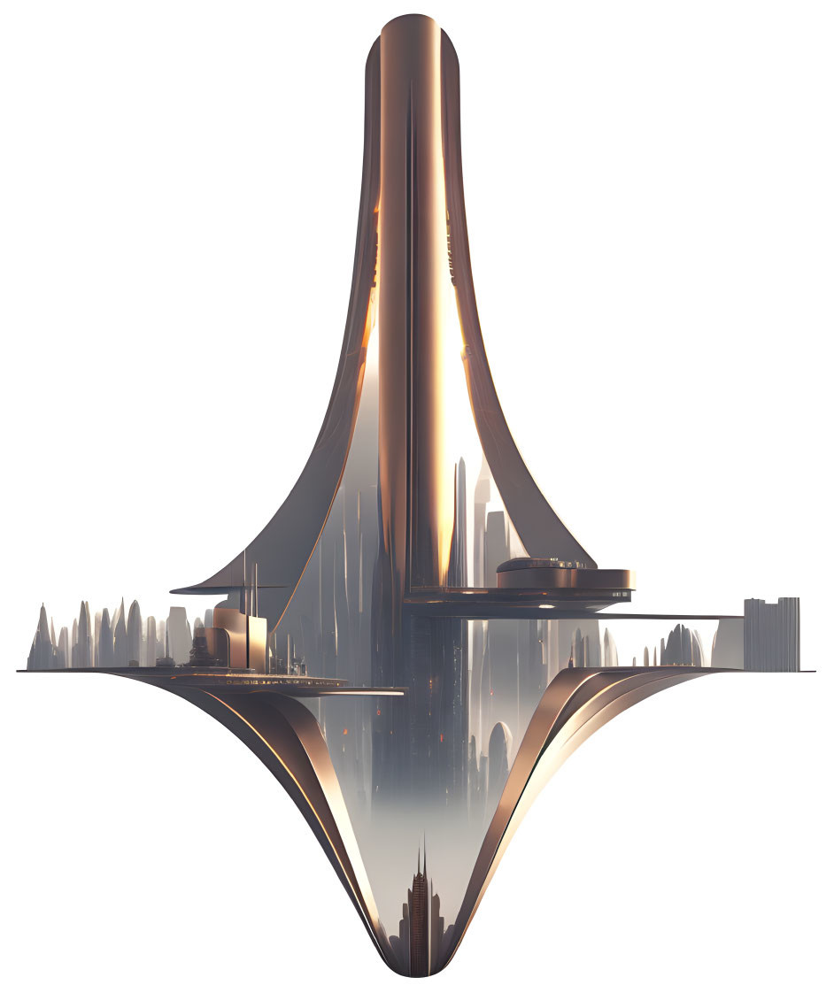 Symmetrical futuristic skyscraper with vertical design and surrounding buildings reflected on a horizontal axis.