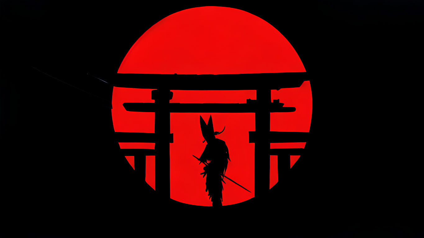 Samurai silhouette in front of stylized torii gate with red sun.