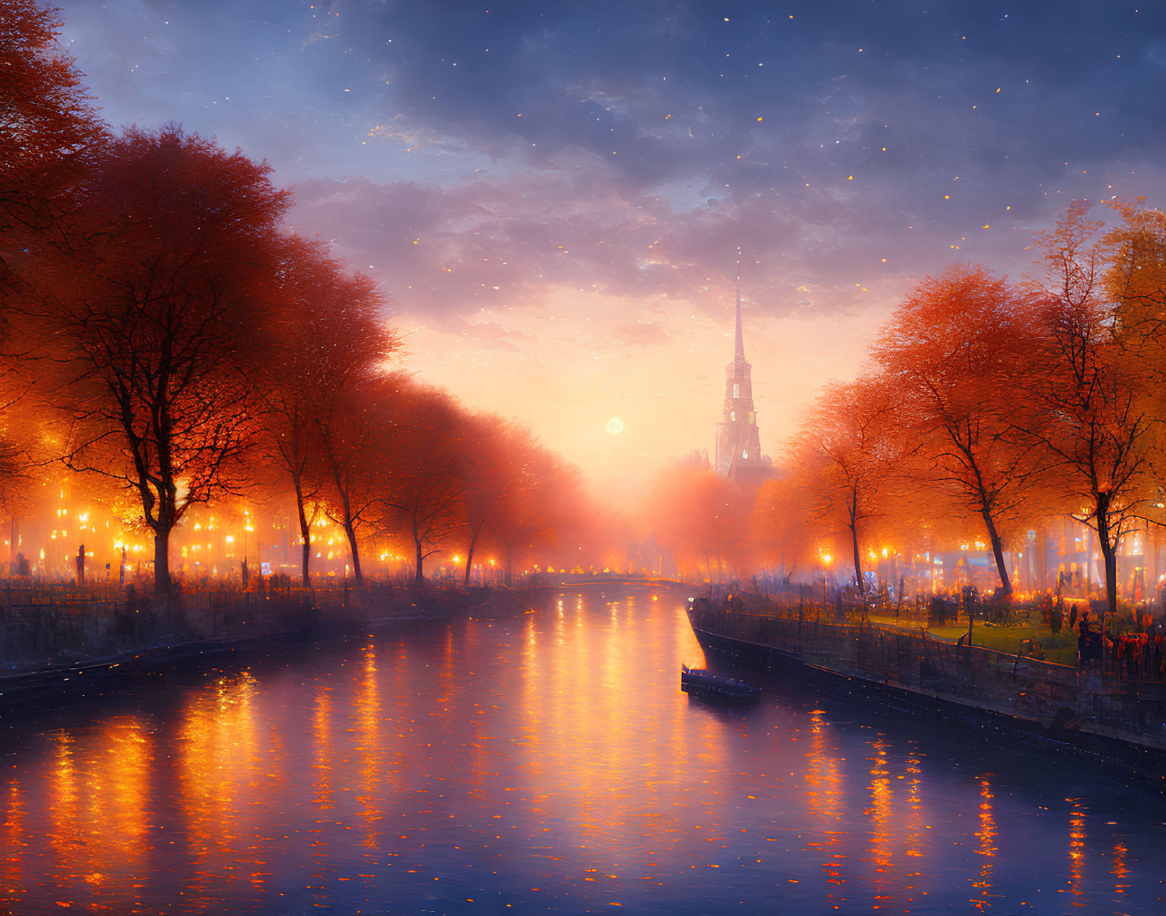 Serene river at twilight with autumn trees, Eiffel Tower, stars, and boat