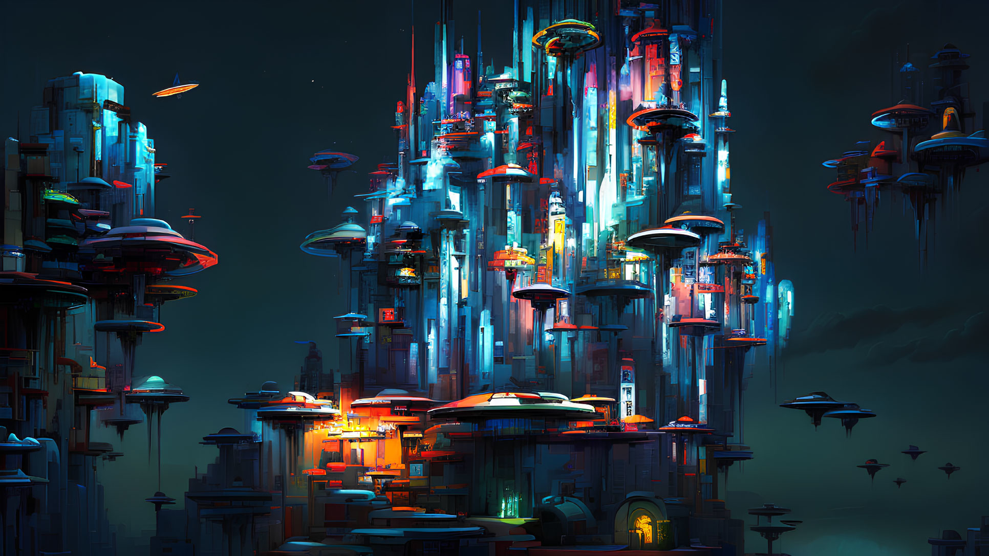 Futuristic neon-lit cityscape with skyscrapers and flying vehicles