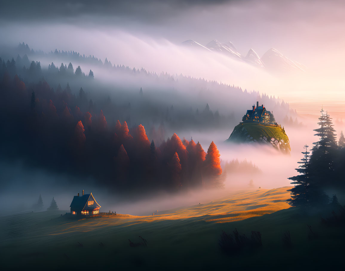 Tranquil dawn landscape with misty mountains, castle hill, and lone house