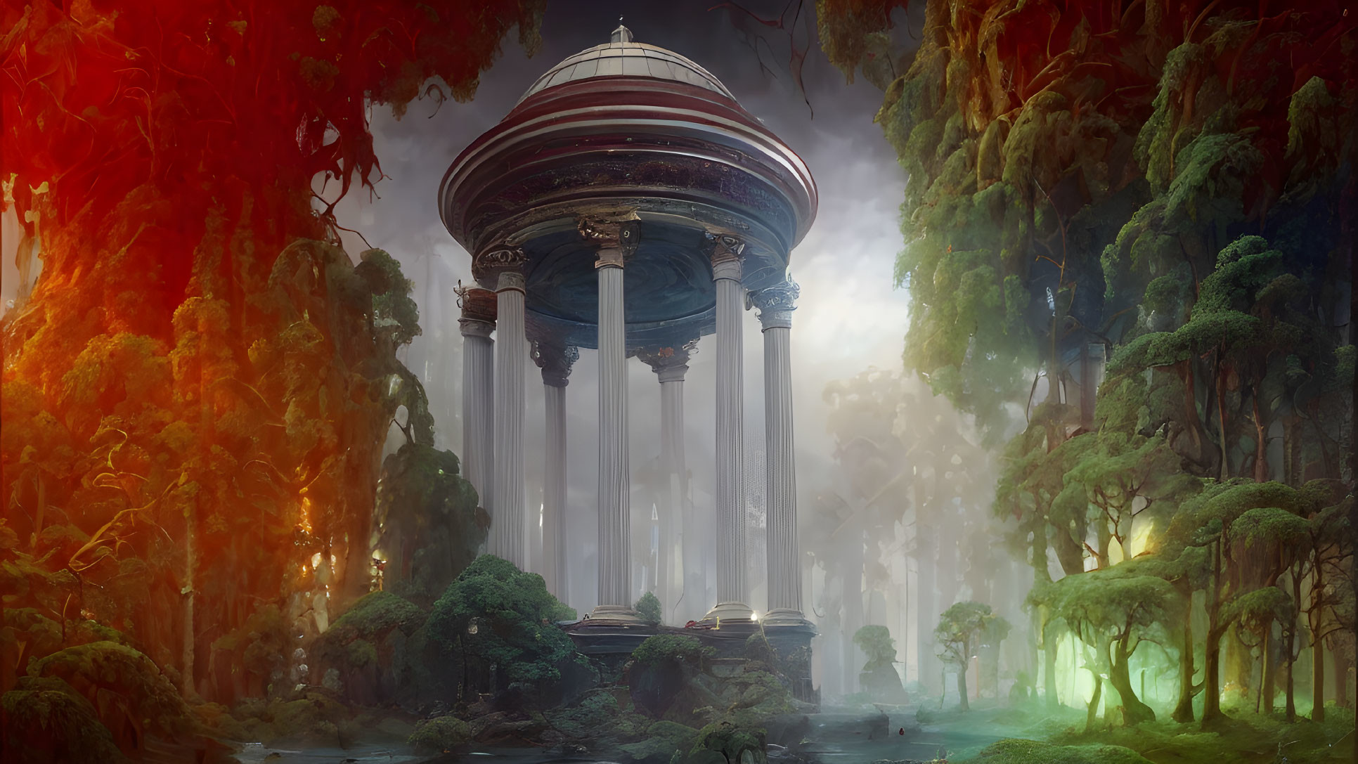 Ancient temple surrounded by towering pillars in mystical forest