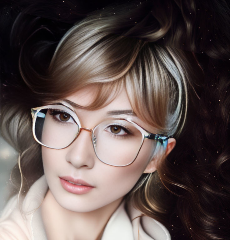 Dark-haired woman in round glasses and light blouse against starry backdrop