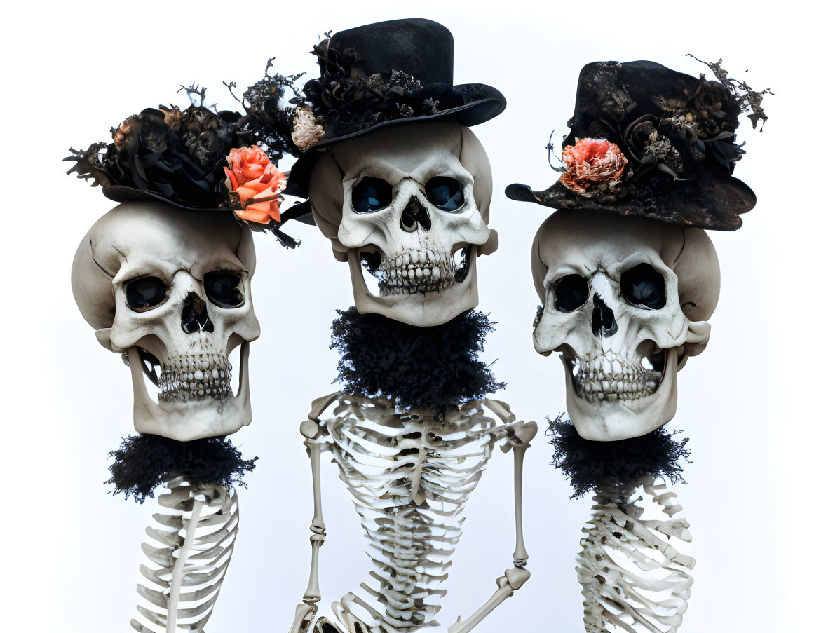 Skeleton Models with Black Hats and Decorative Flowers on White Background