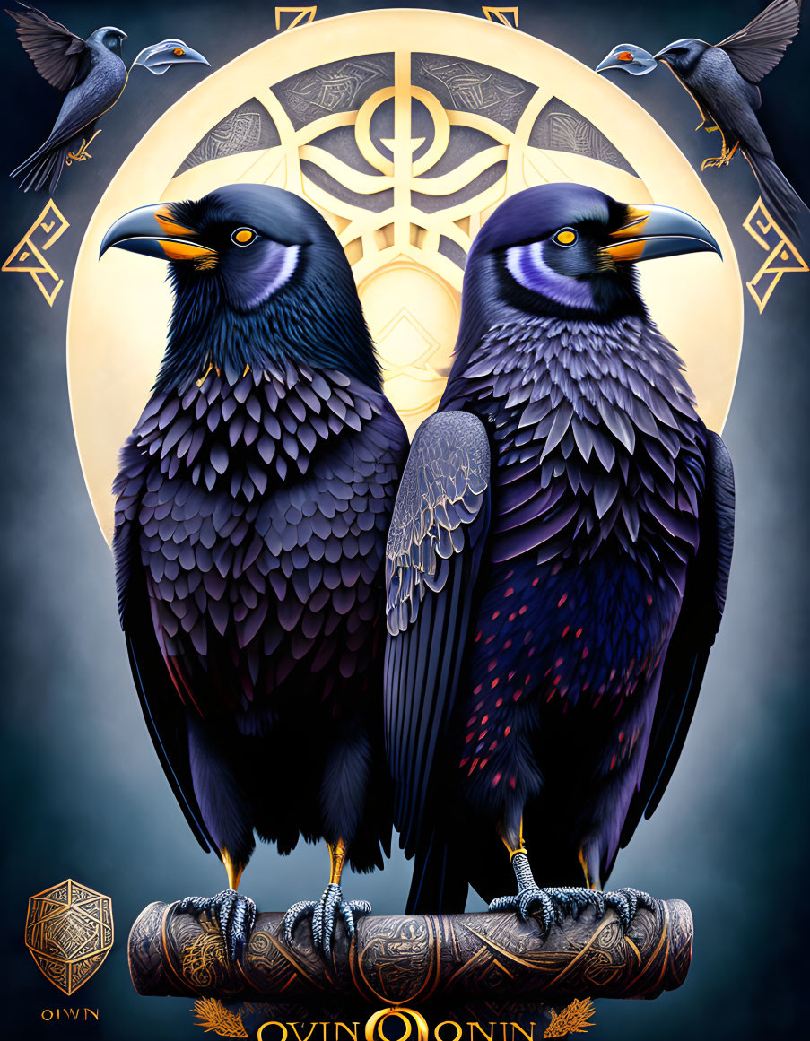 Detailed ravens on ornate poles in mystical Norse setting