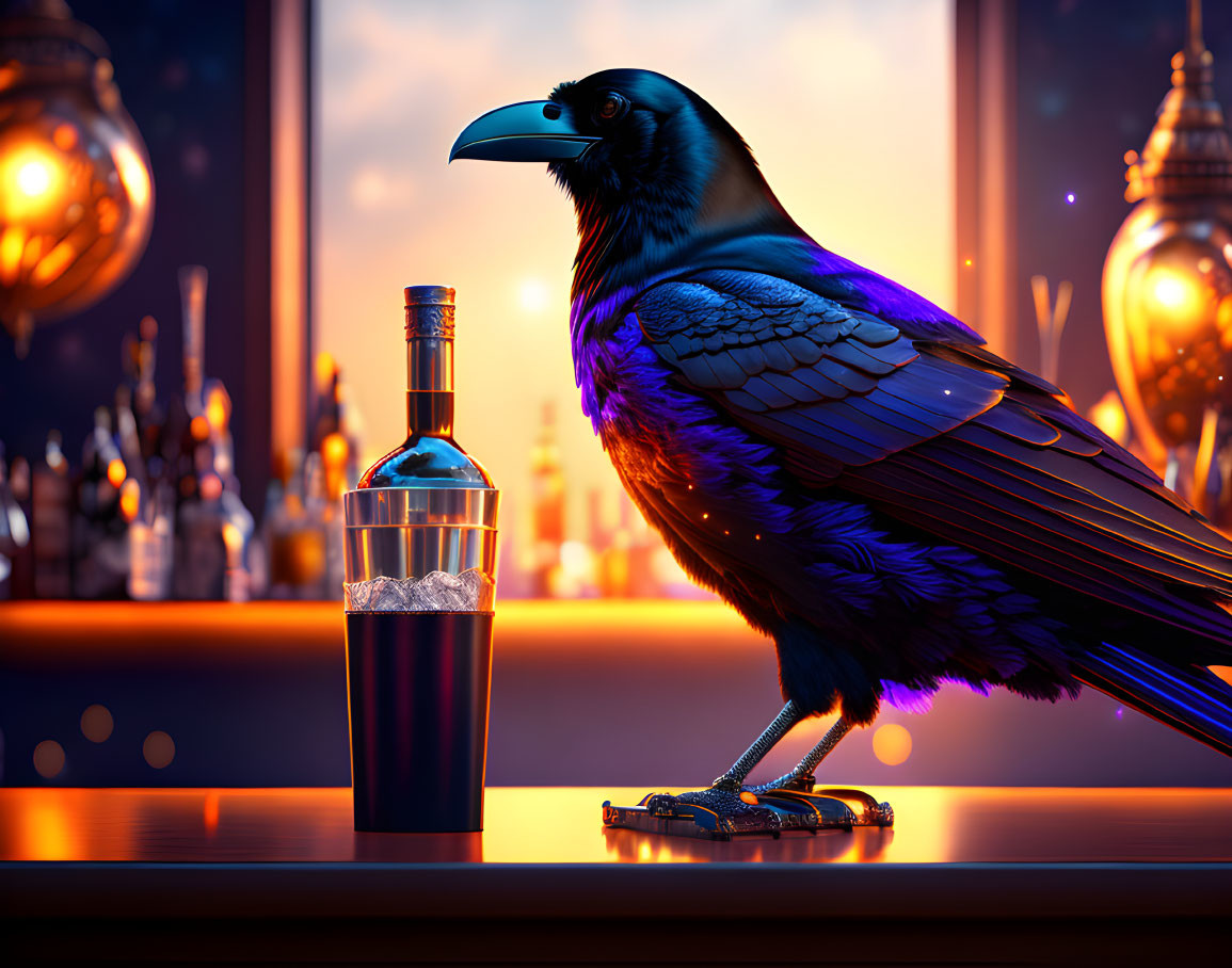 Raven perched on bar counter with whiskey glass, warm lighting & decorative lamps