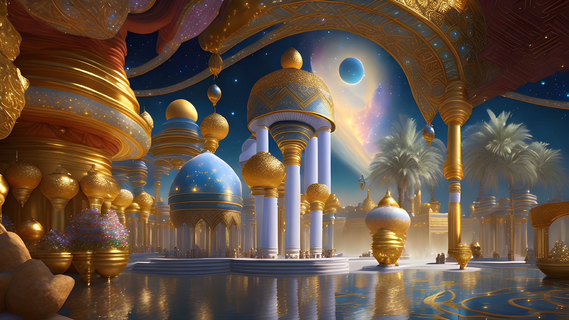 Opulent fantasy palace with golden domes and celestial sky