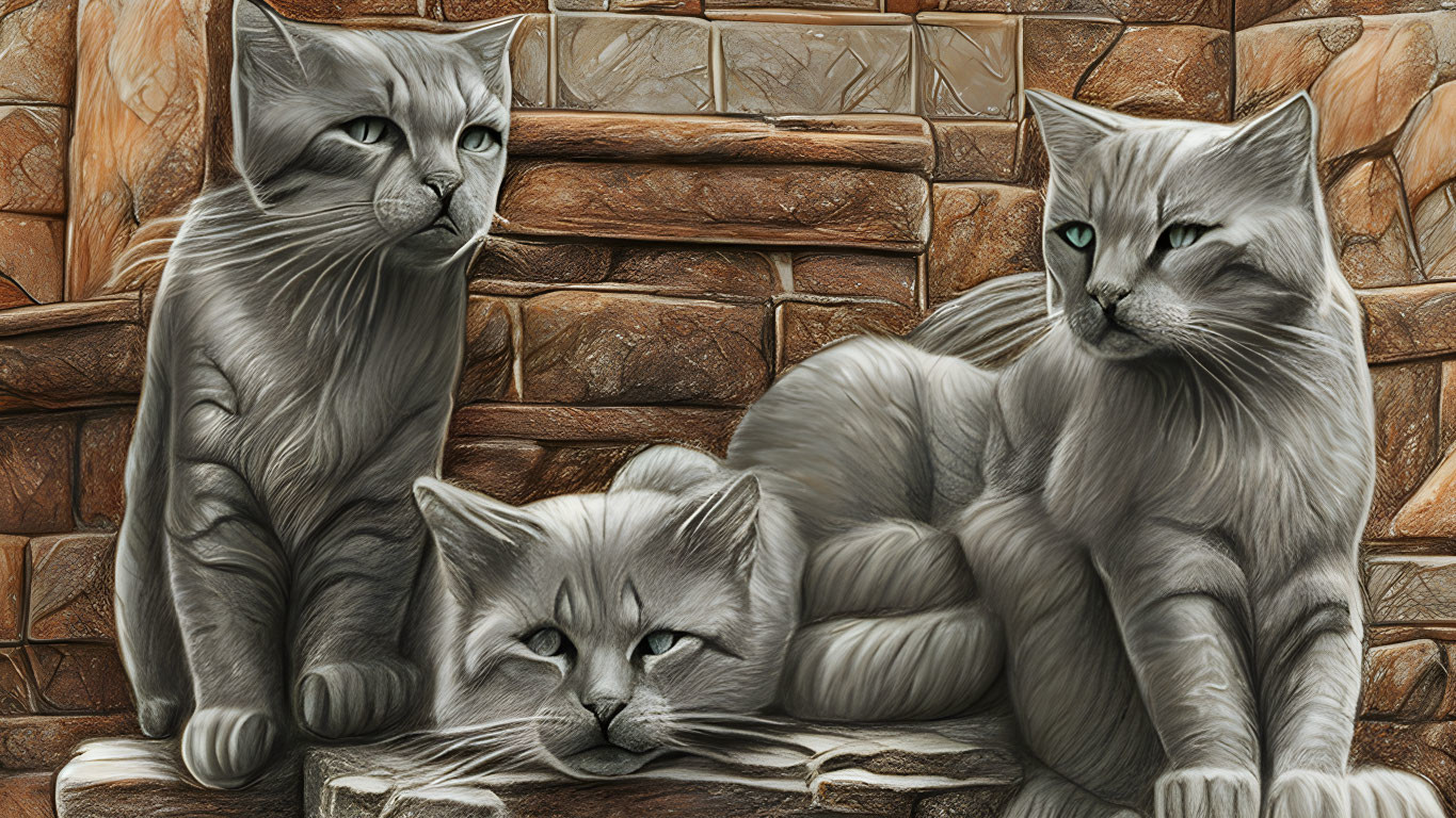 Realistic Grey Cats Relaxing Against Brick Wall