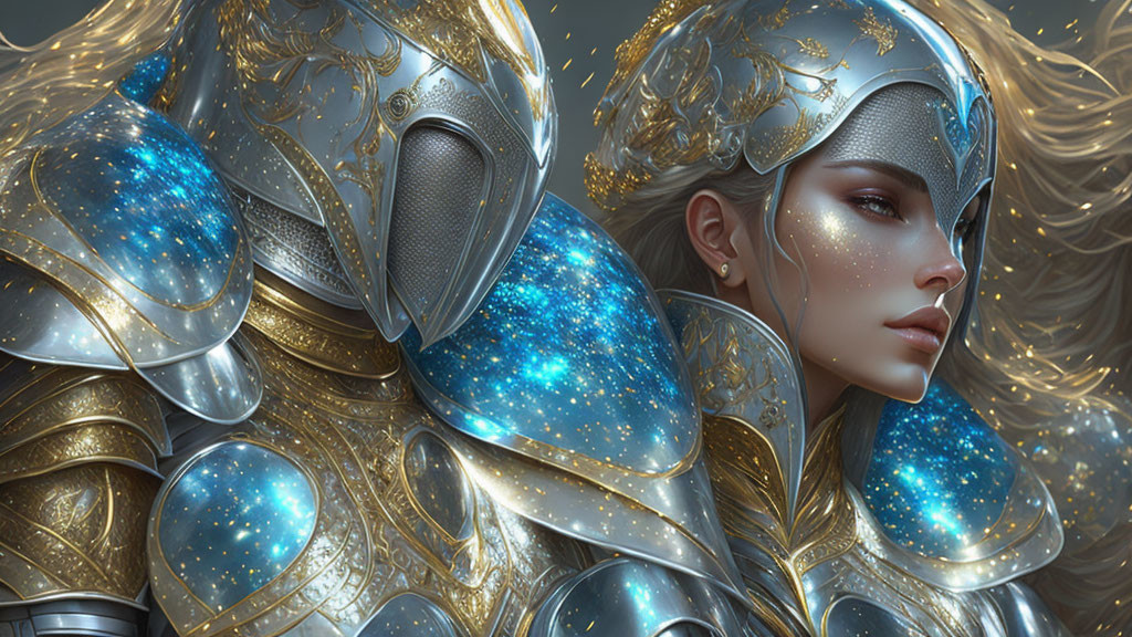 Mystical woman in golden armor with star-studded details