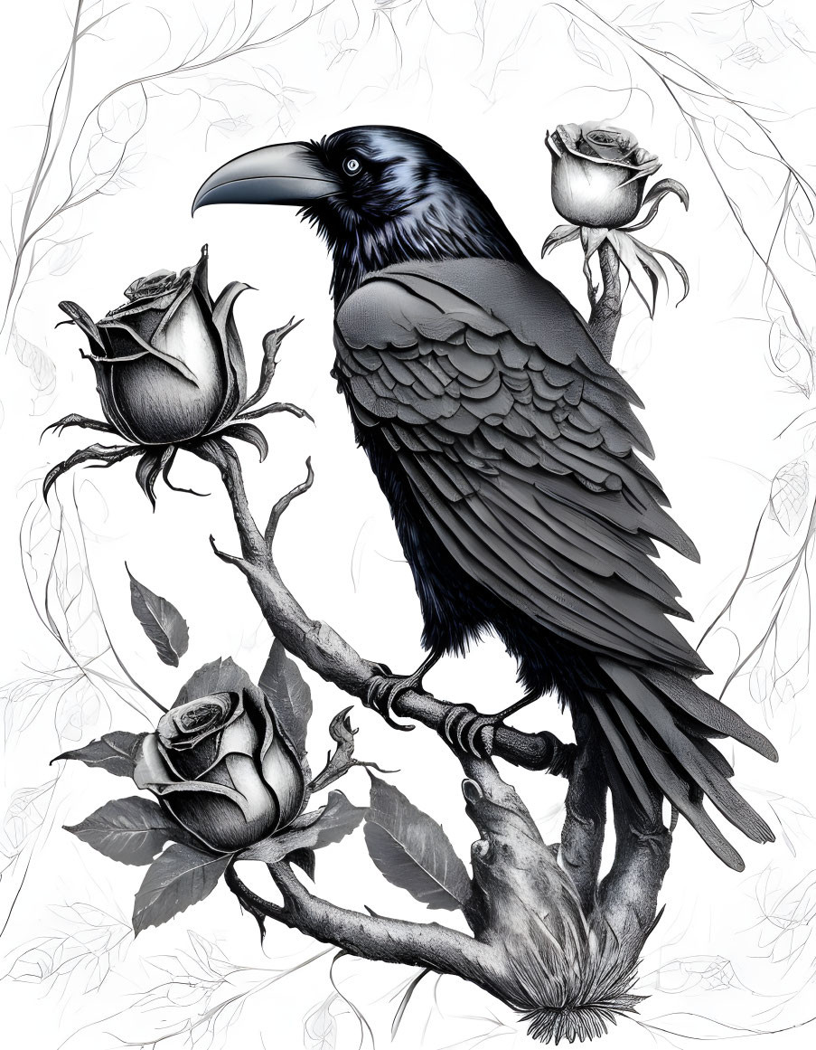 Monochrome illustration of raven on branch with roses