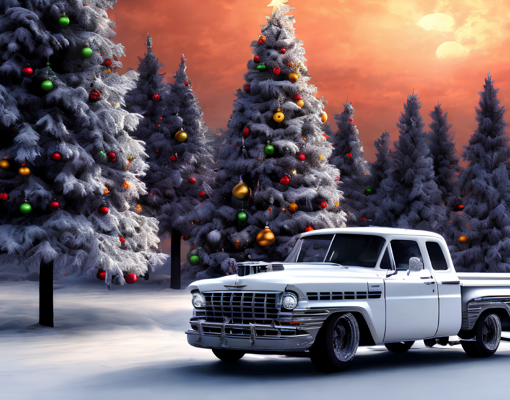 Vintage White Pickup Truck in Snowy Forest with Christmas Trees at Sunset