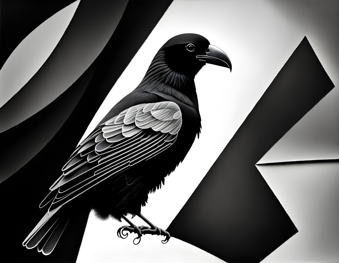 Monochrome Raven Art with Abstract Geometric Background