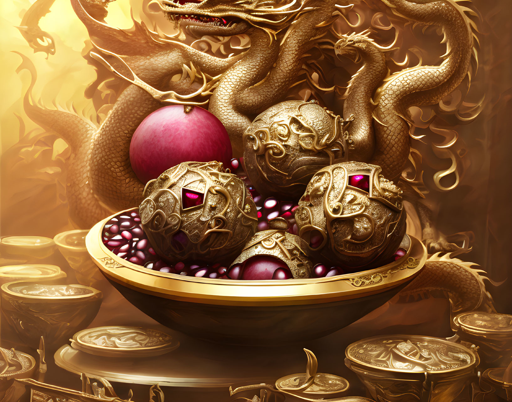 Golden bowl with riches, orbs, beads, and dragons under warm light