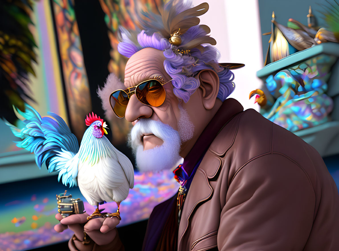 Elderly man with white beard holding rooster in front of vibrant paintings