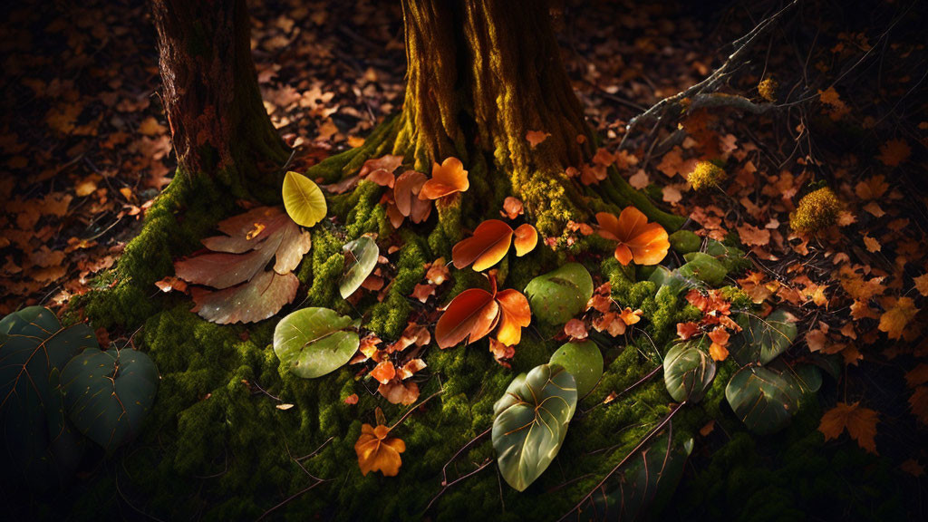 Tranquil Autumn Forest Floor with Moss, Leaves, Mushrooms, and Soft Glow