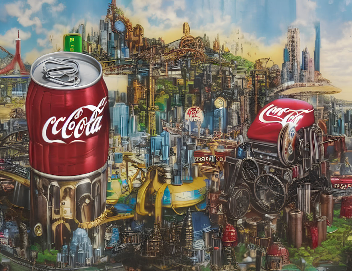 Colorful futuristic cityscape with integrated Coca-Cola and Cloud cans.