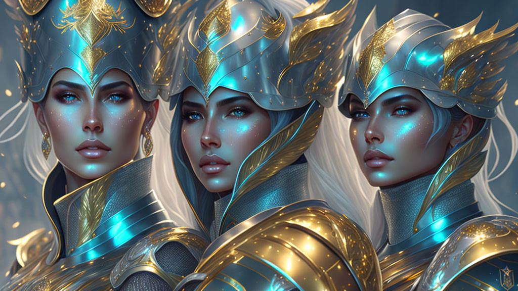 Elaborate golden armor on three fantasy female warriors