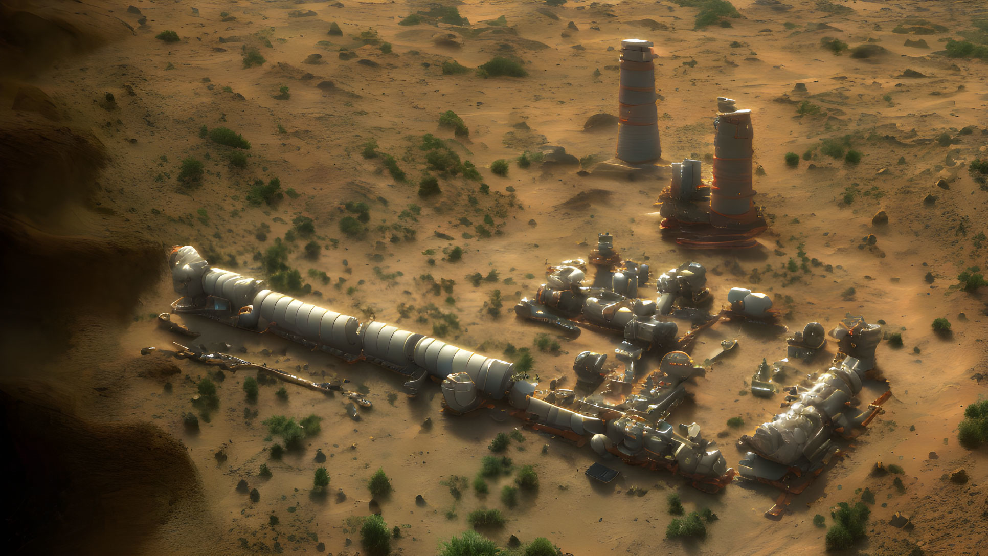 Futuristic desert settlement with modular structures and cylindrical towers