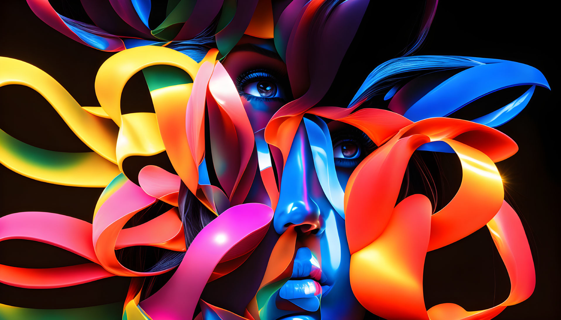 Colorful Digital Art: Woman's Face with Flowing Ribbons & Blue Eyes