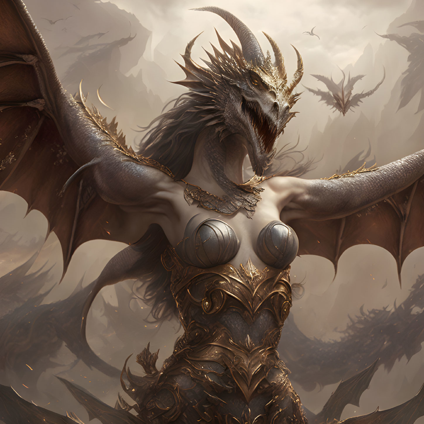 Majestic dragon-human hybrid with wings, horns, and armor in misty dragon-filled scene