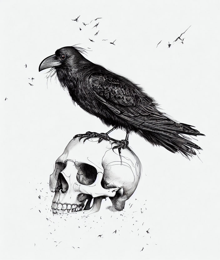 Detailed black and white illustration of a raven on a human skull with ink splatters.