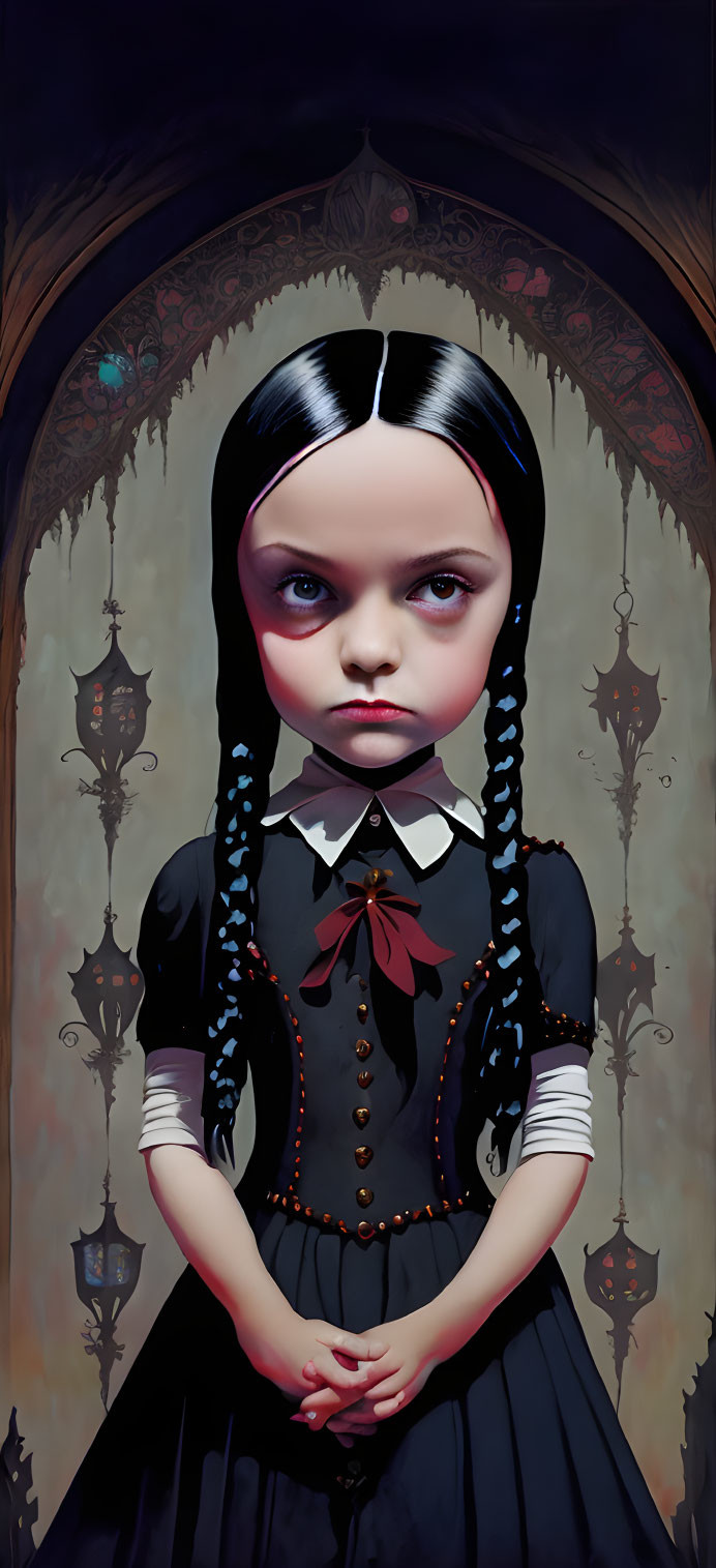 Pale girl with dark braided hair in gothic dress in ornate frame