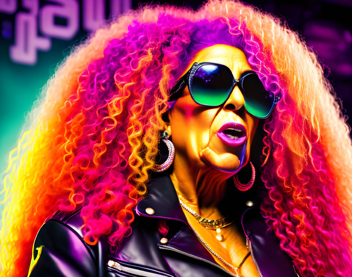 Person with curly red hair in sunglasses and leather jacket against neon background