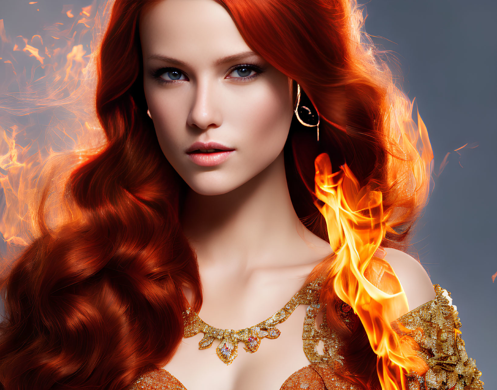 Woman with Red Hair, Blue Eyes, and Golden Jewelry in Artistic Flames