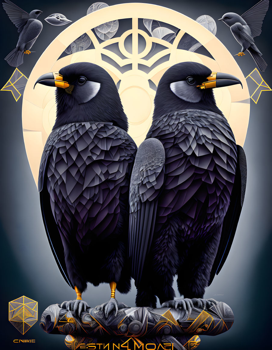 Stylized ravens and ornamental window with bird images and geometric shapes on dark background