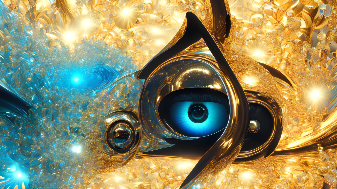 Surreal digital artwork: eye in metallic structures, golden fractals, blue accents