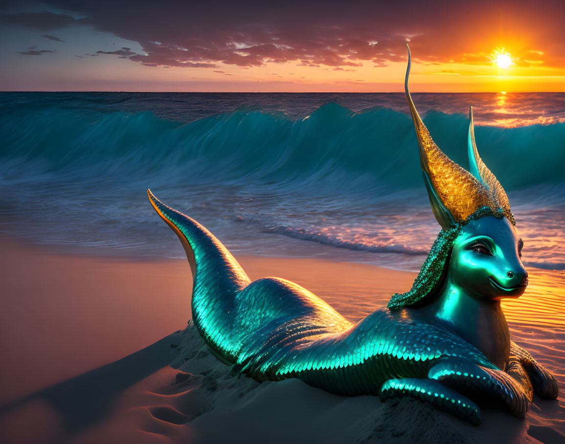 Blue and gold dragon-like mythical creature on sunset beach with waves.