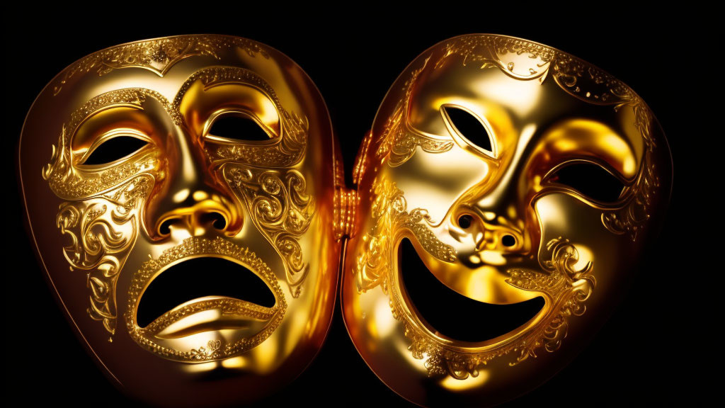 Golden theater masks: tragedy and comedy, intricate designs, glowing on dark background