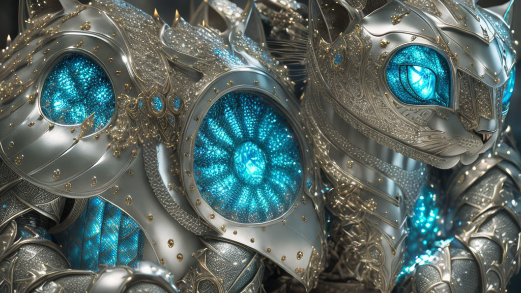 Intricately detailed metallic robotic cat with glowing blue eyes