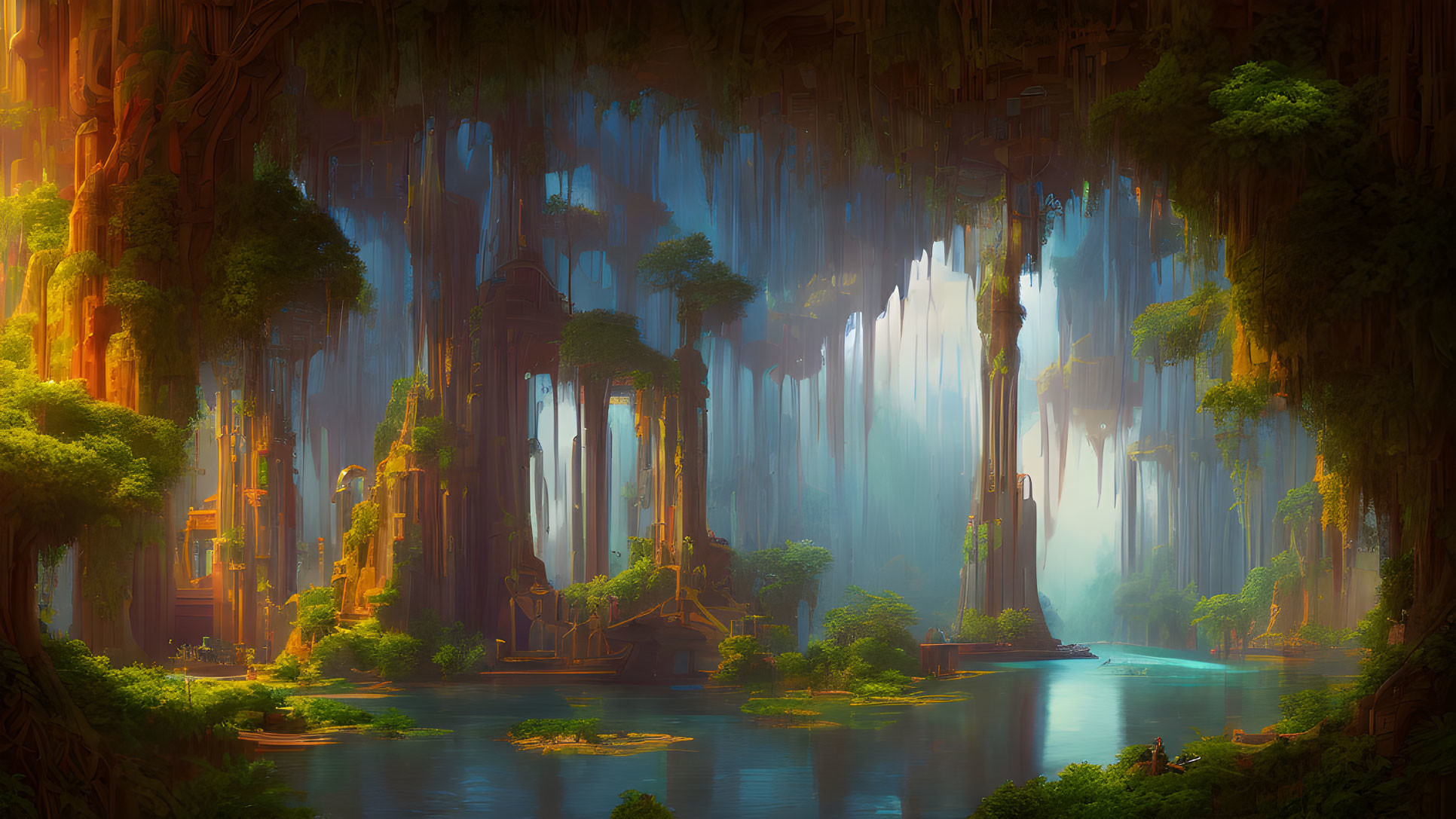 Sunlit mystical forest with towering trees, hanging vines, and serene river