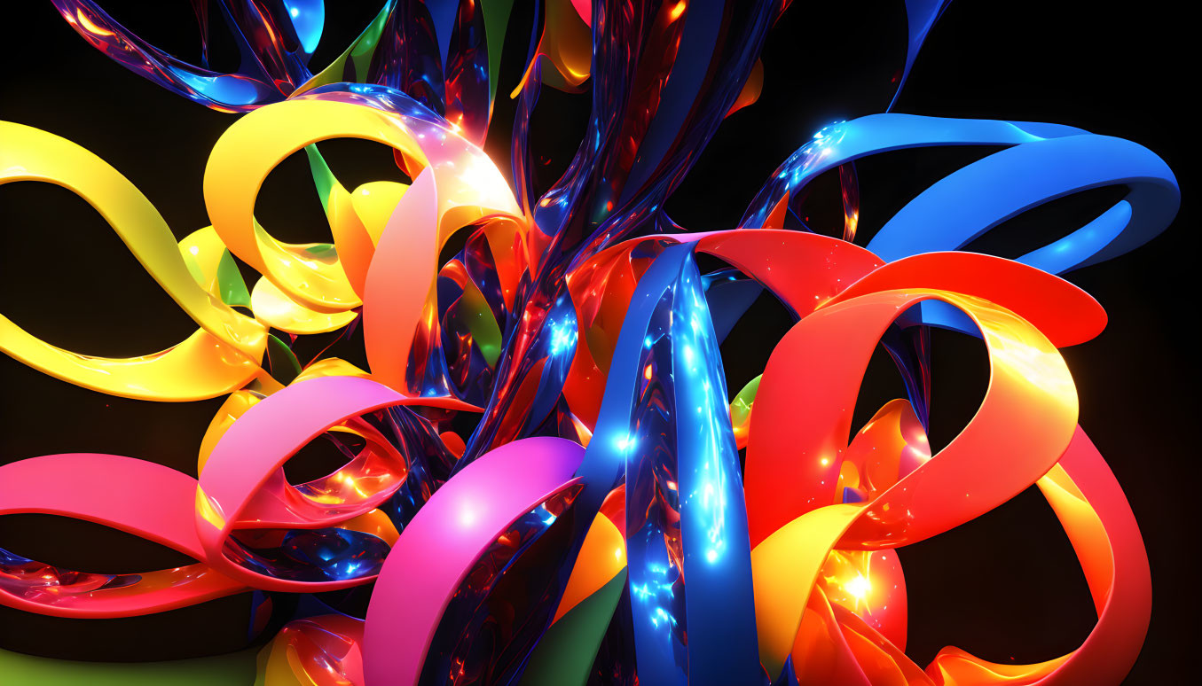 Colorful 3D illustration: Intertwined ribbons with glowing lights