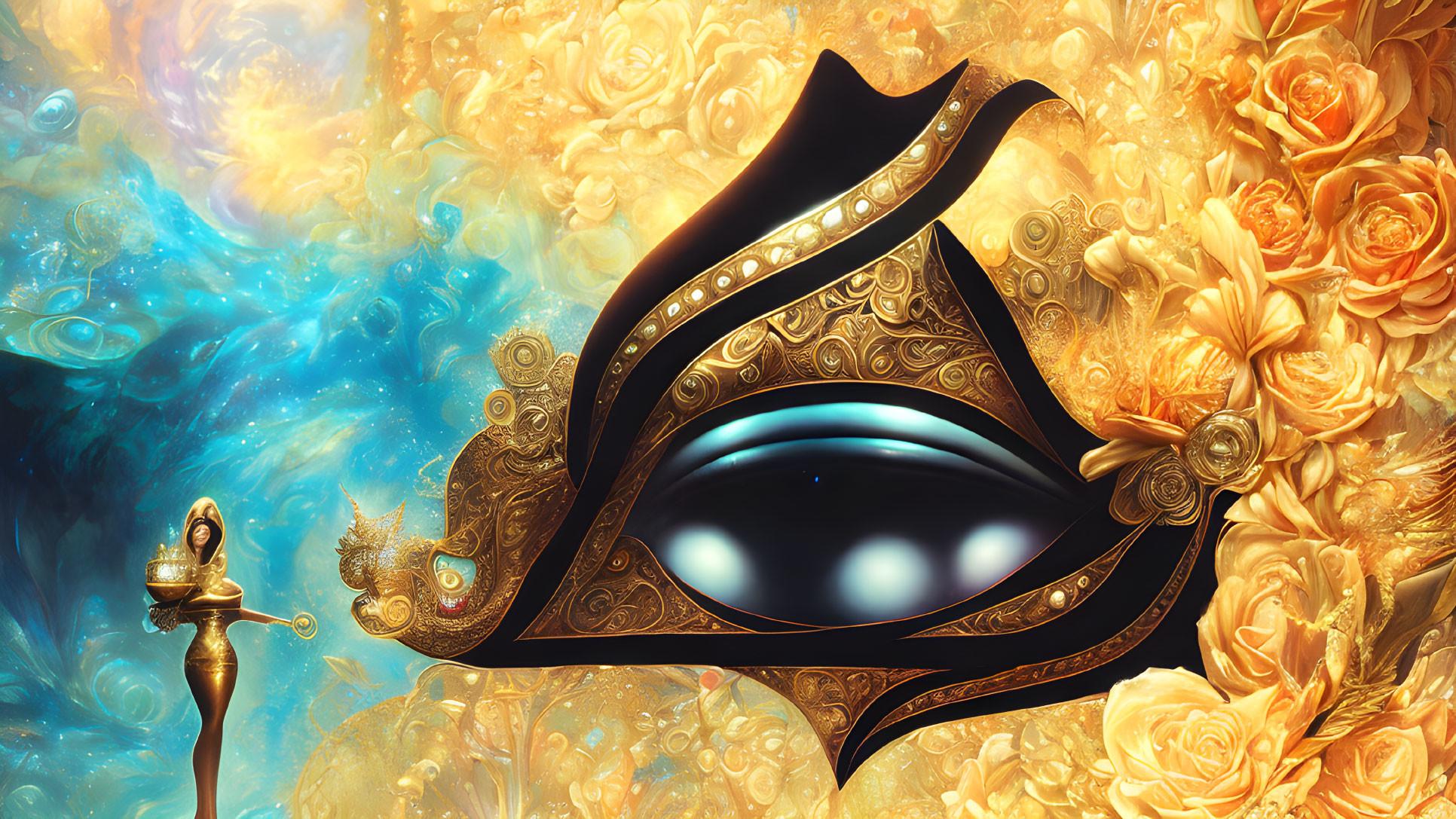 Ornate golden lamp with blue eye in rose and nebula background