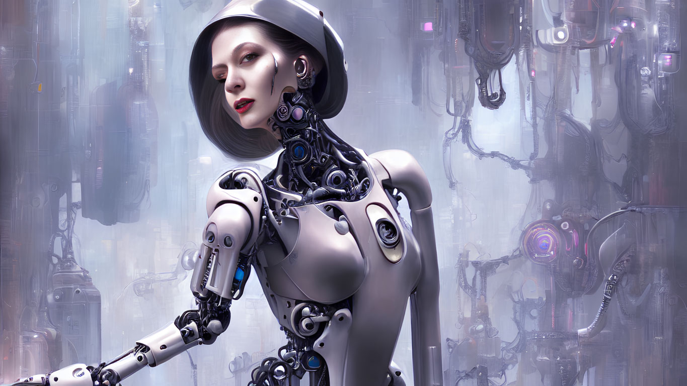 Female Android with Human-like Face and Mechanical Body in Sci-Fi Setting