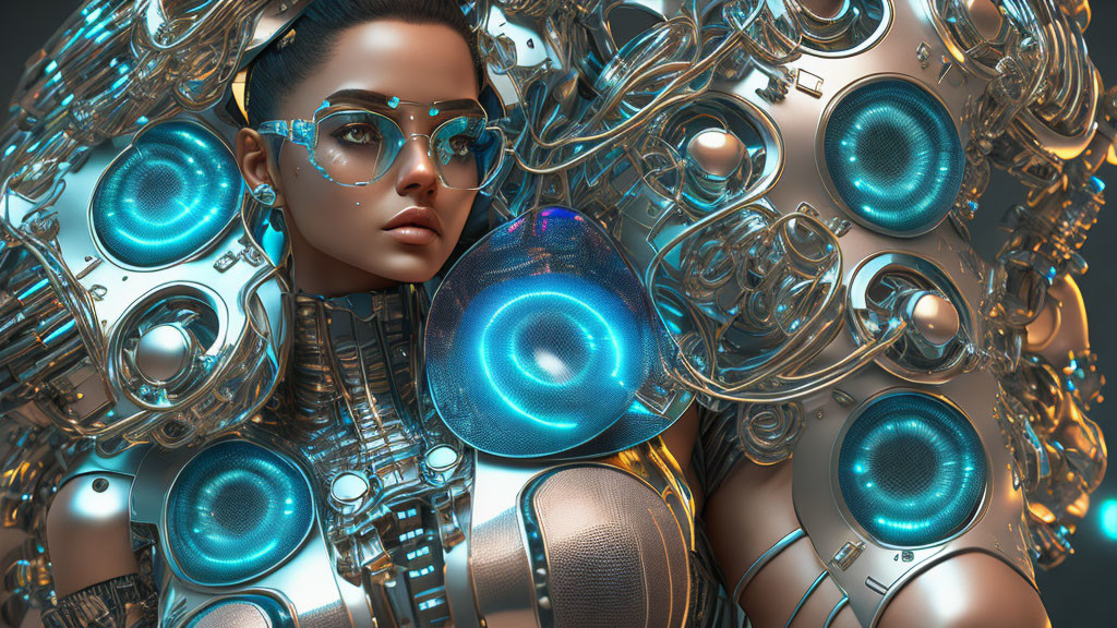 Futuristic woman with cybernetic enhancements and reflective sunglasses among mechanical parts and blue circles.