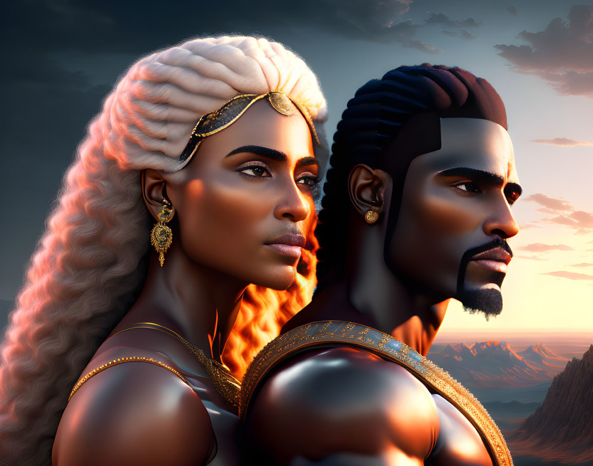 Digital artwork: Man and woman with stylized features, golden jewelry, intricate hairstyles, against mountain sunset