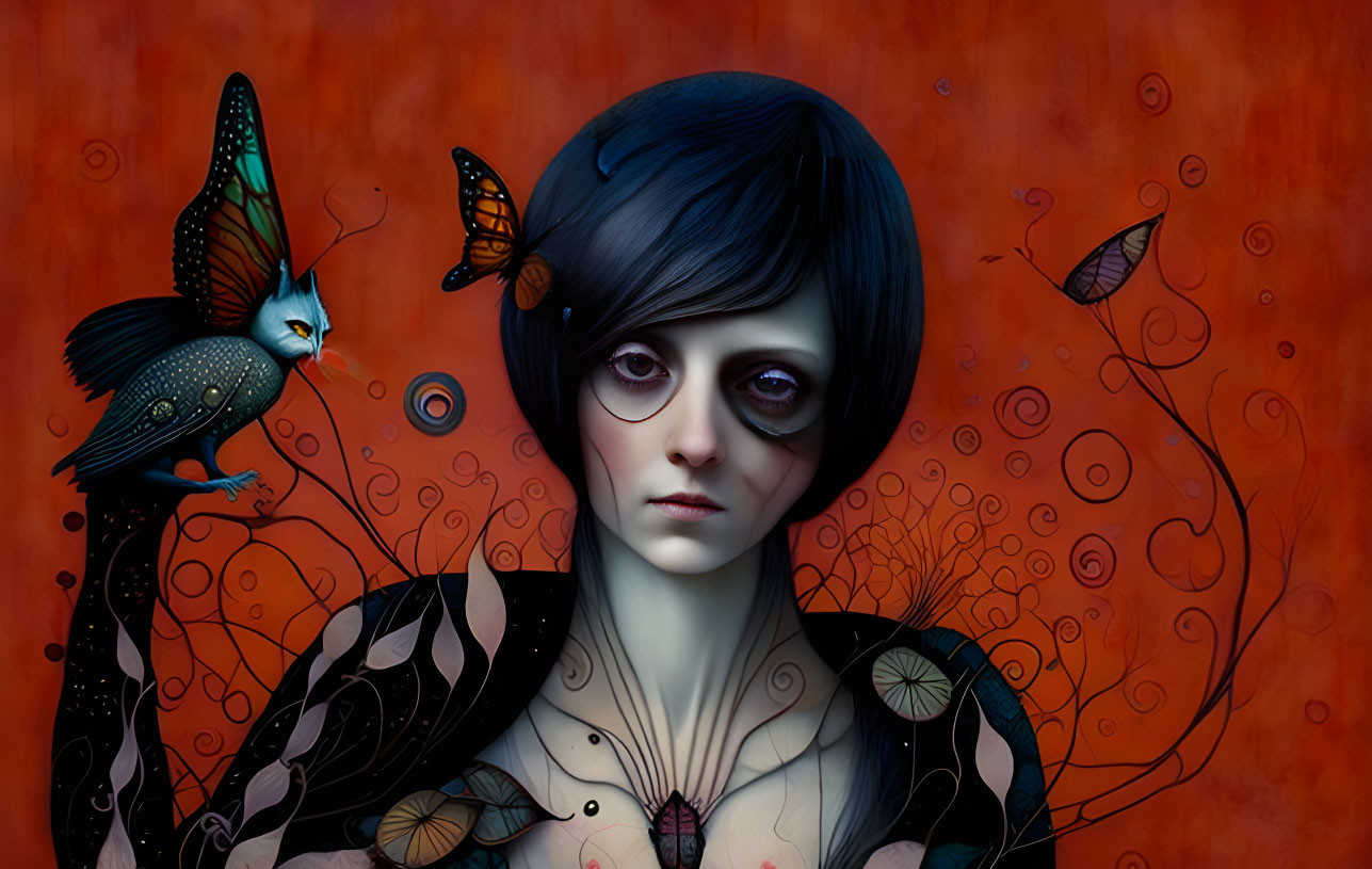 Surrealist portrait of a woman with pale skin and dark hair surrounded by whimsical elements