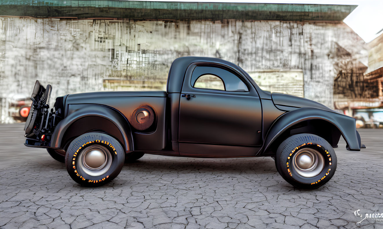 Vintage Black Pickup Truck with Ornate Wheel Rims in Empty Lot