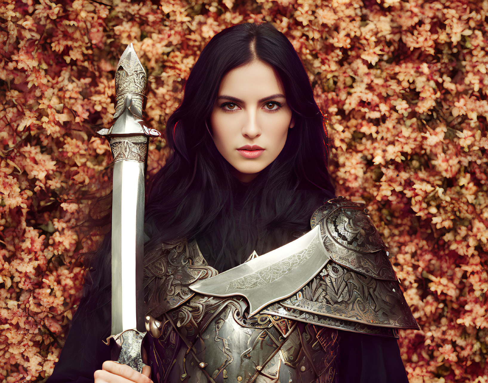 Woman in Medieval Armor with Sword in Autumnal Setting