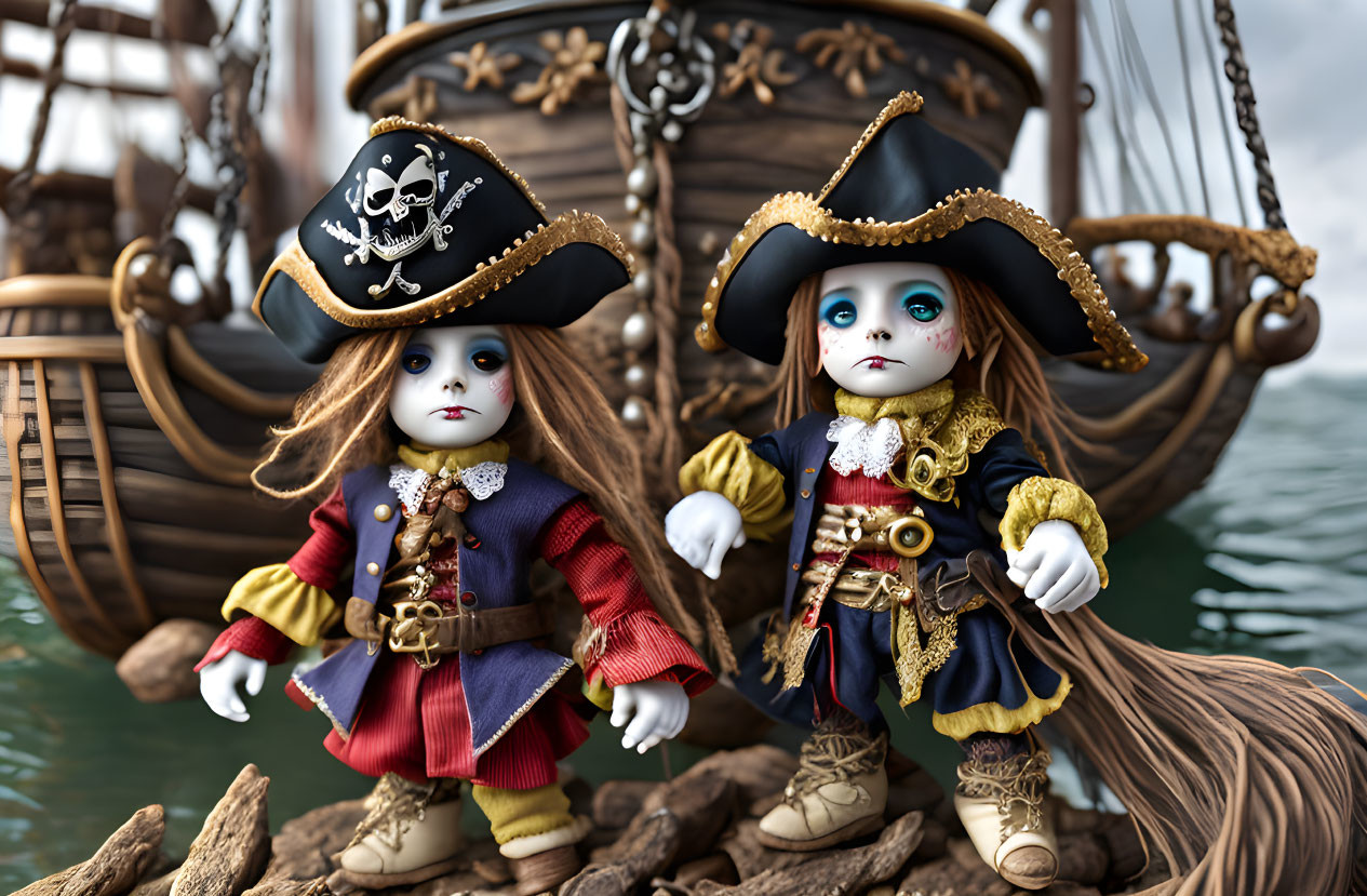 Pirate-themed dolls in elaborate costumes with tricorn hats on rocky surface