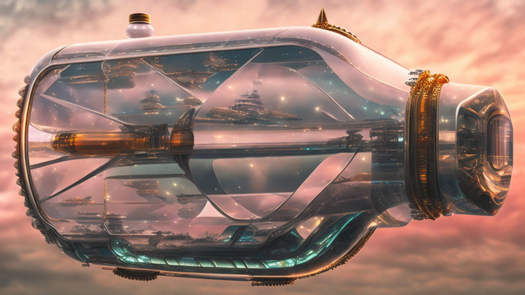 Futuristic glass spaceship resembling a bottle in twilight sky