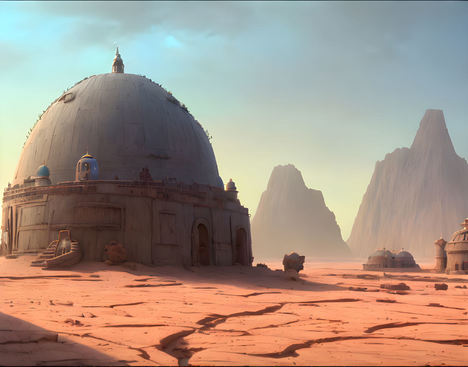 Large domed structure in desert landscape with rock formations and smaller buildings under hazy sky