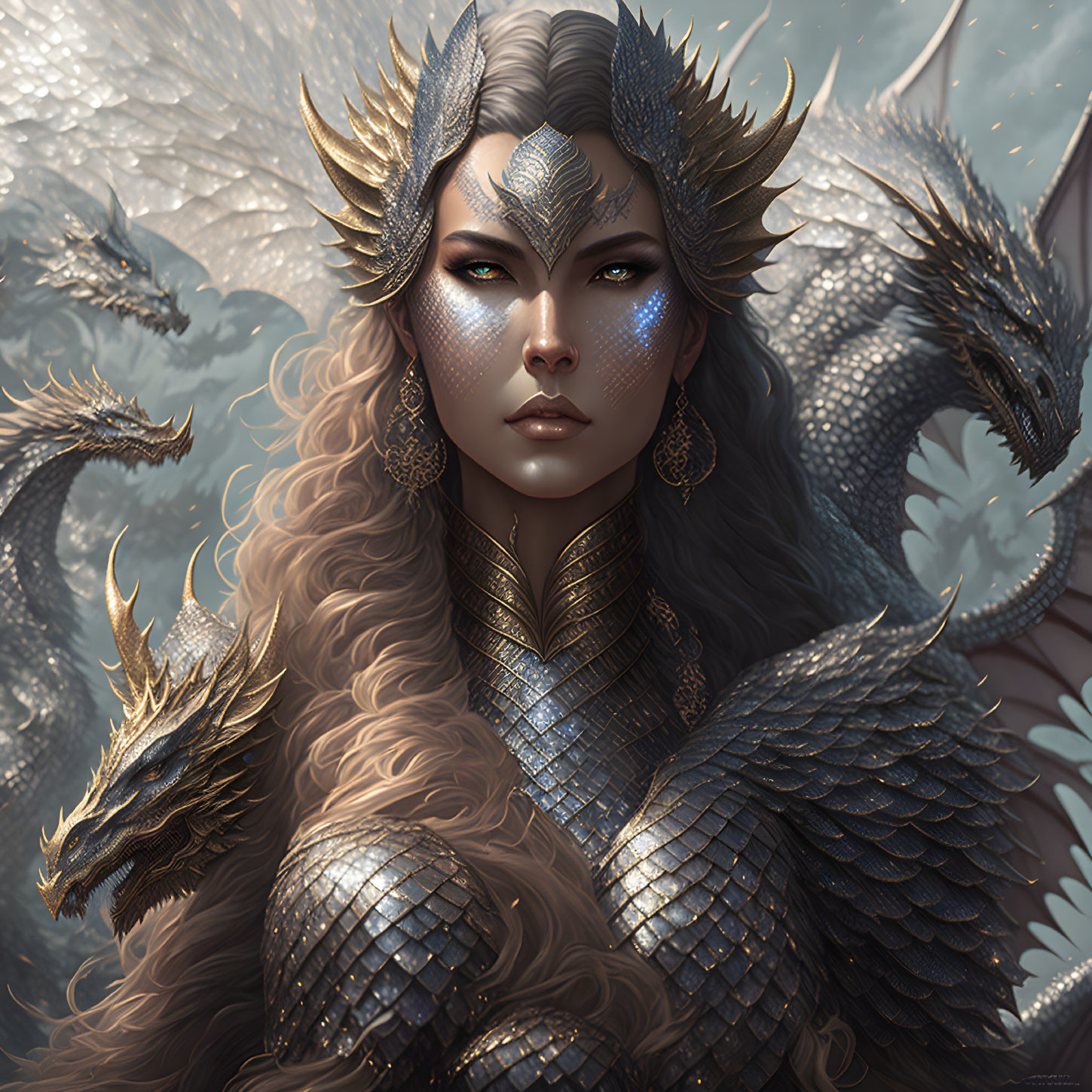 Regal woman with dragon-like features surrounded by dragons