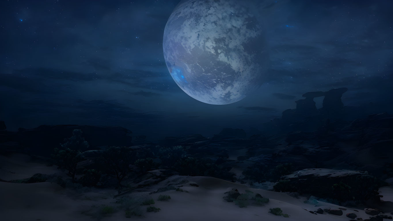 Detailed Moon Over Desert Rock Formations at Night