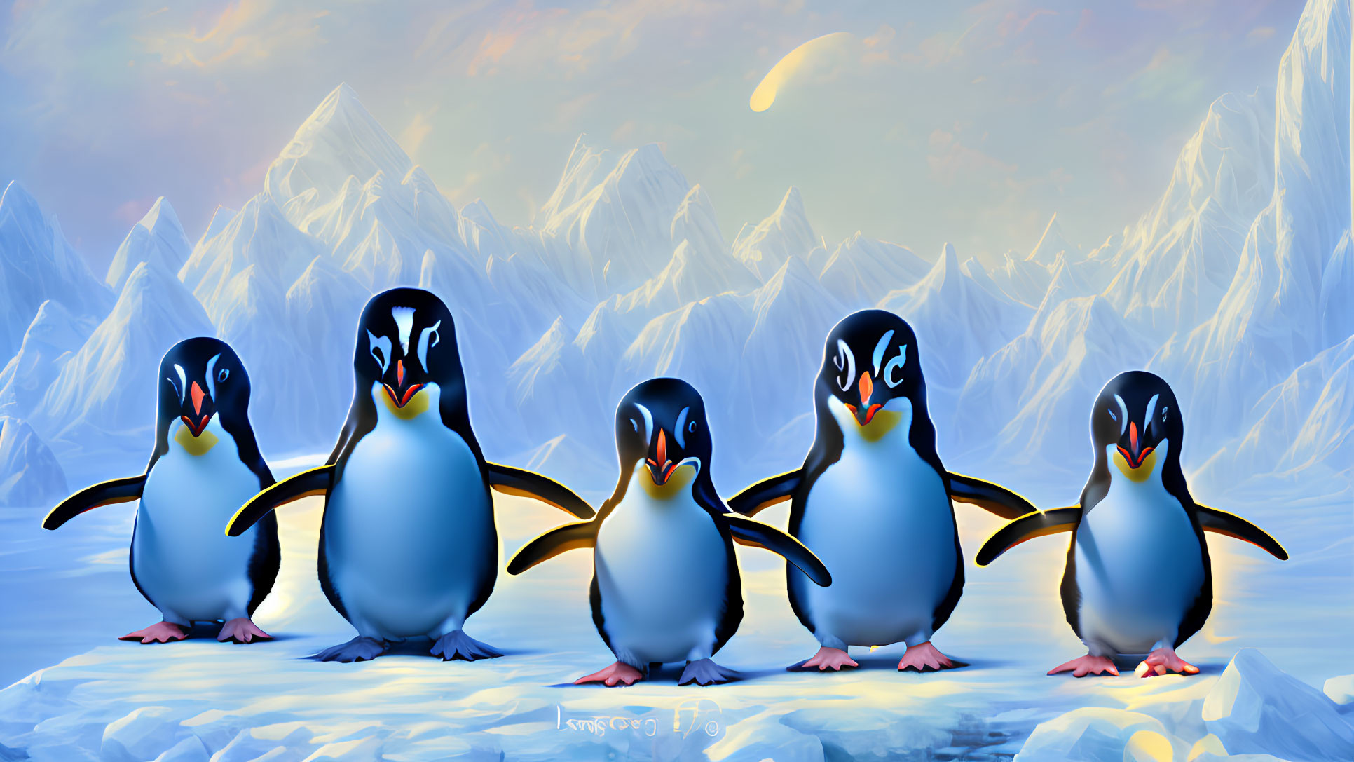 Five animated penguins on ice with snowy mountain landscape & hazy sky