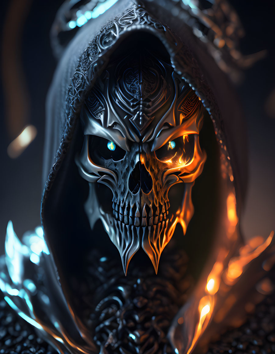 Menacing skull with glowing eyes and intricate markings in dark hood.