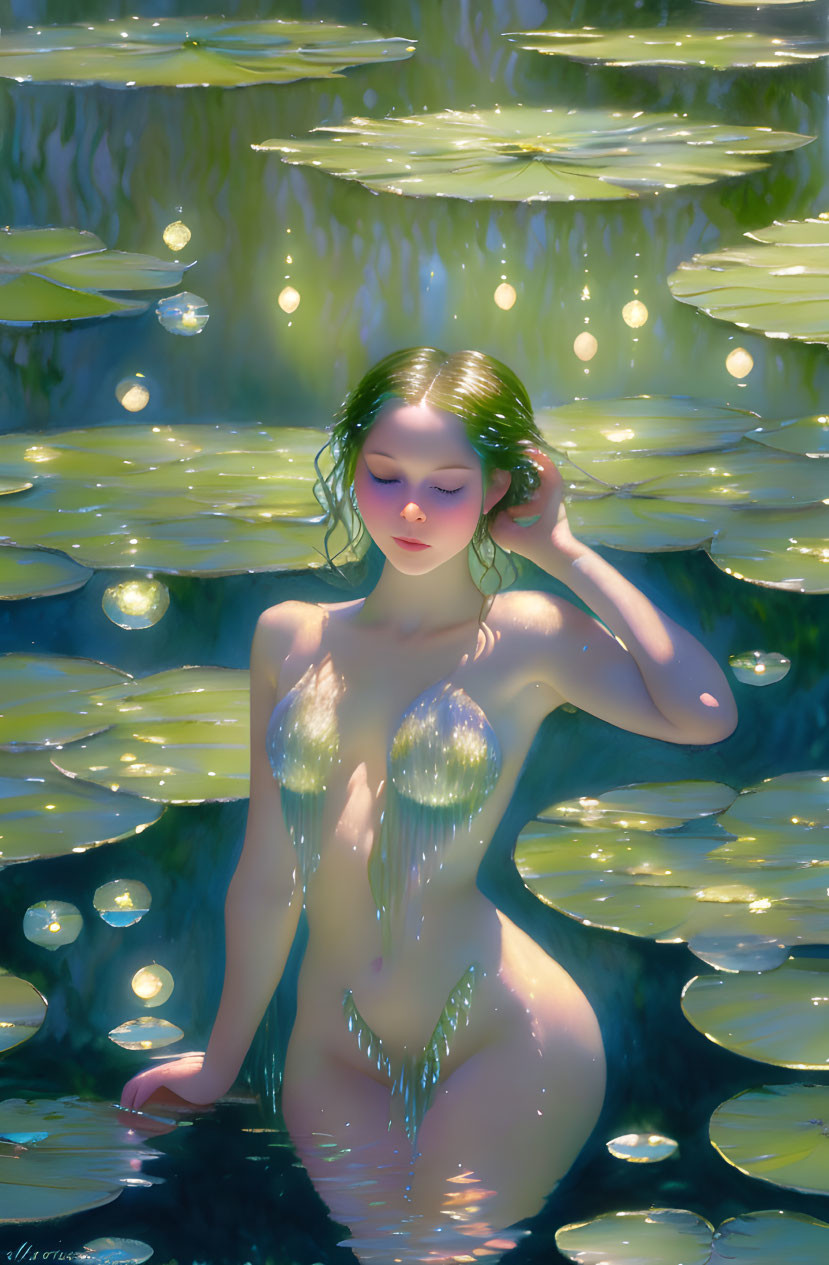 Woman in Water Surrounded by Lily Pads with Light Reflections